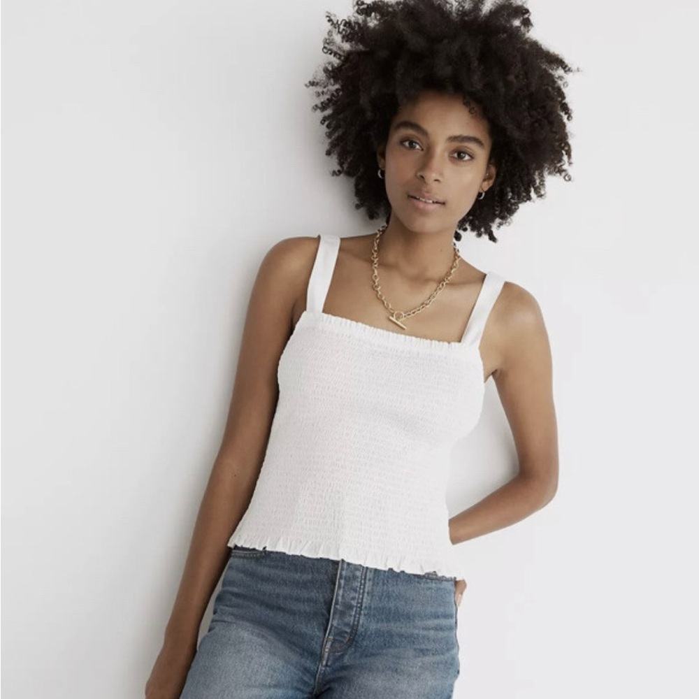Madewell Lucie Smocked Cropped White Tank Top Size Small